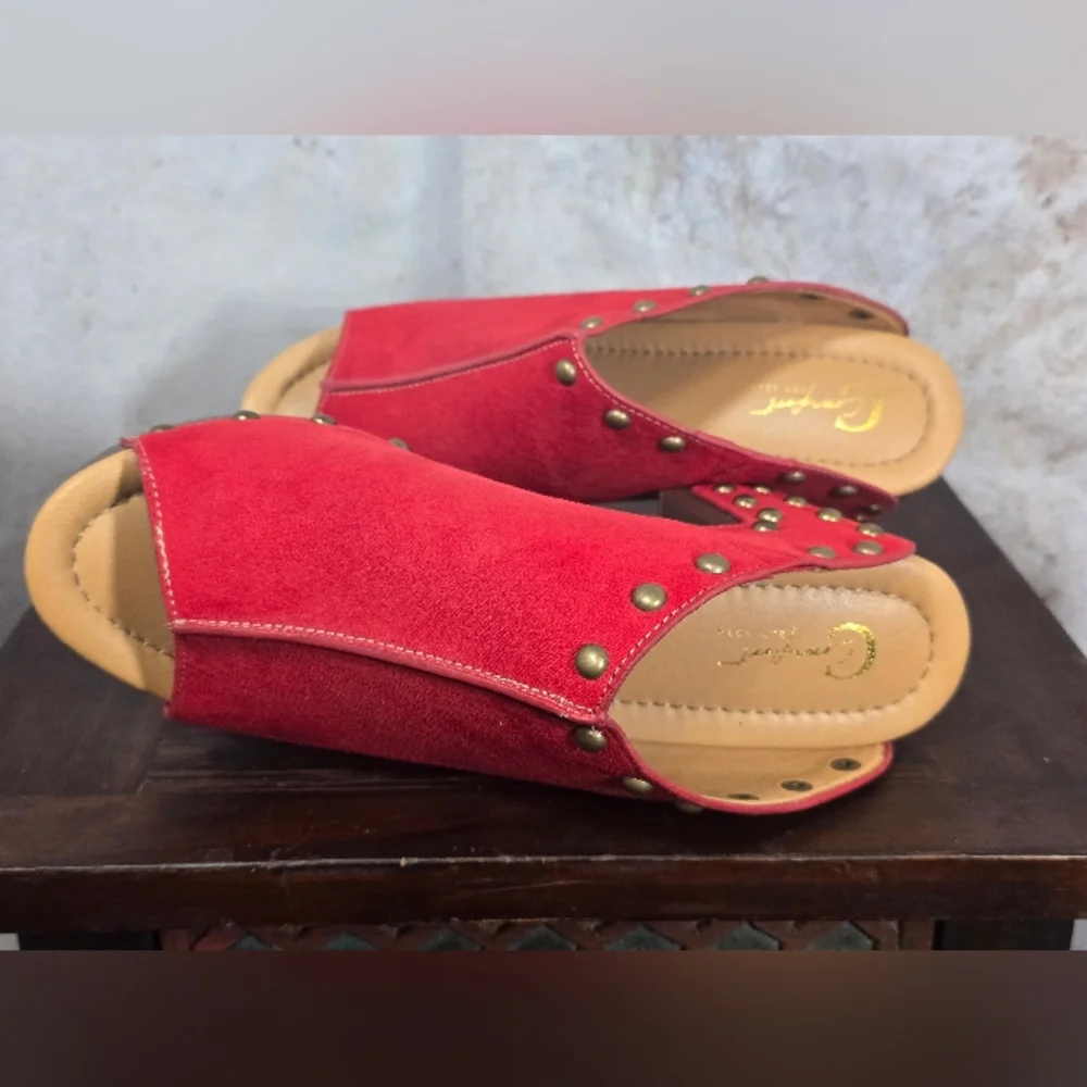 NEW Red Peep Toe Mules/Clogs, Chunky Heel, Stud Details, Suede Feel Size 8 - Picture 7 of 7